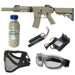 Pack airsoft fusil M4 CM.513 tan + gafas + máscara + bolas + batería + cargador